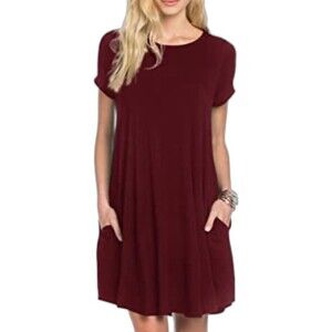T Shirt Dress Womens XS Burgundy Red Swing Loose Casual Flowy Swing Tunic B2